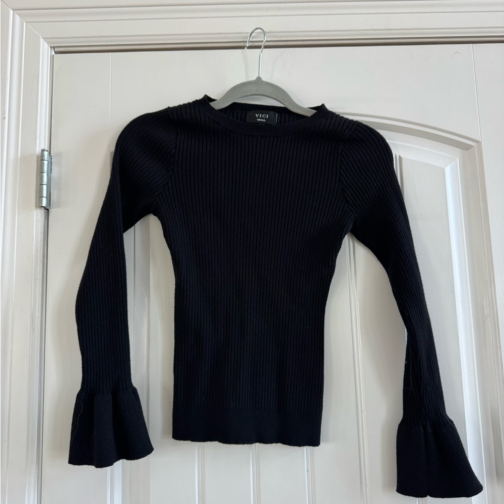 Vici Black Ribbed Knit Top with Bell Sleeves